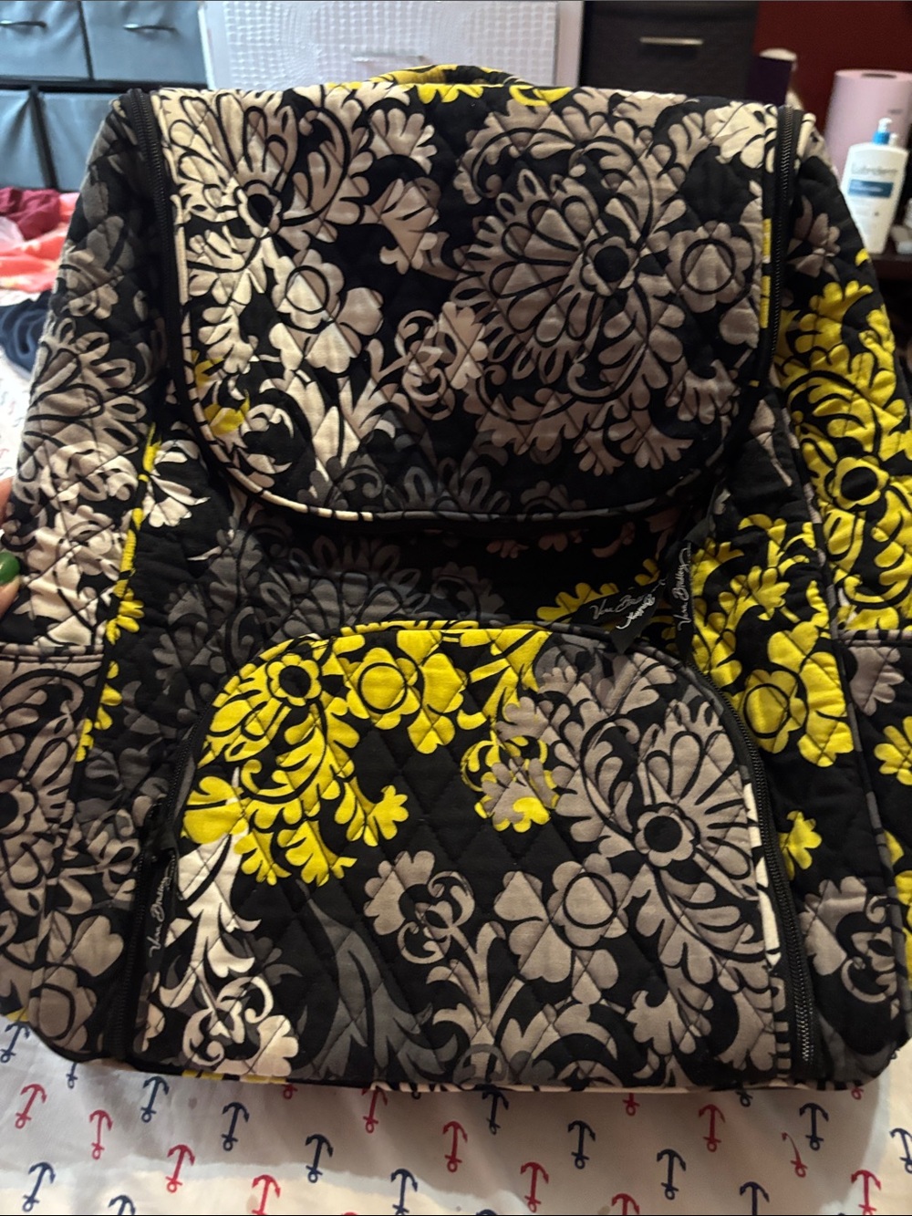 Quilted Floral Backpack Jacket Bag - Black, Gray & Yellow